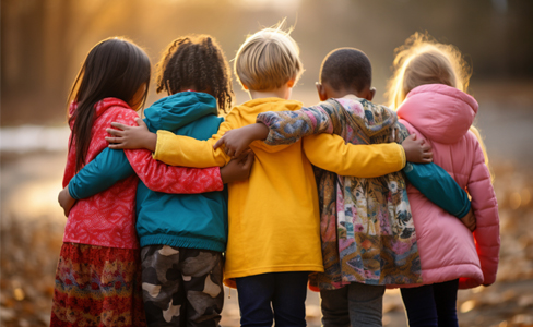 Stock image of several children in a group hug