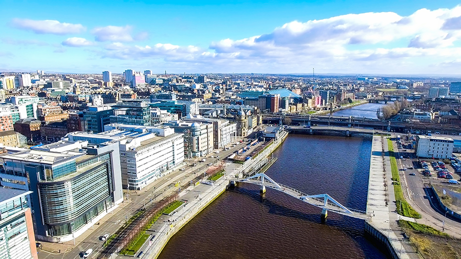 Aerial image of Glasgow Cityscape from over the River Clyde near