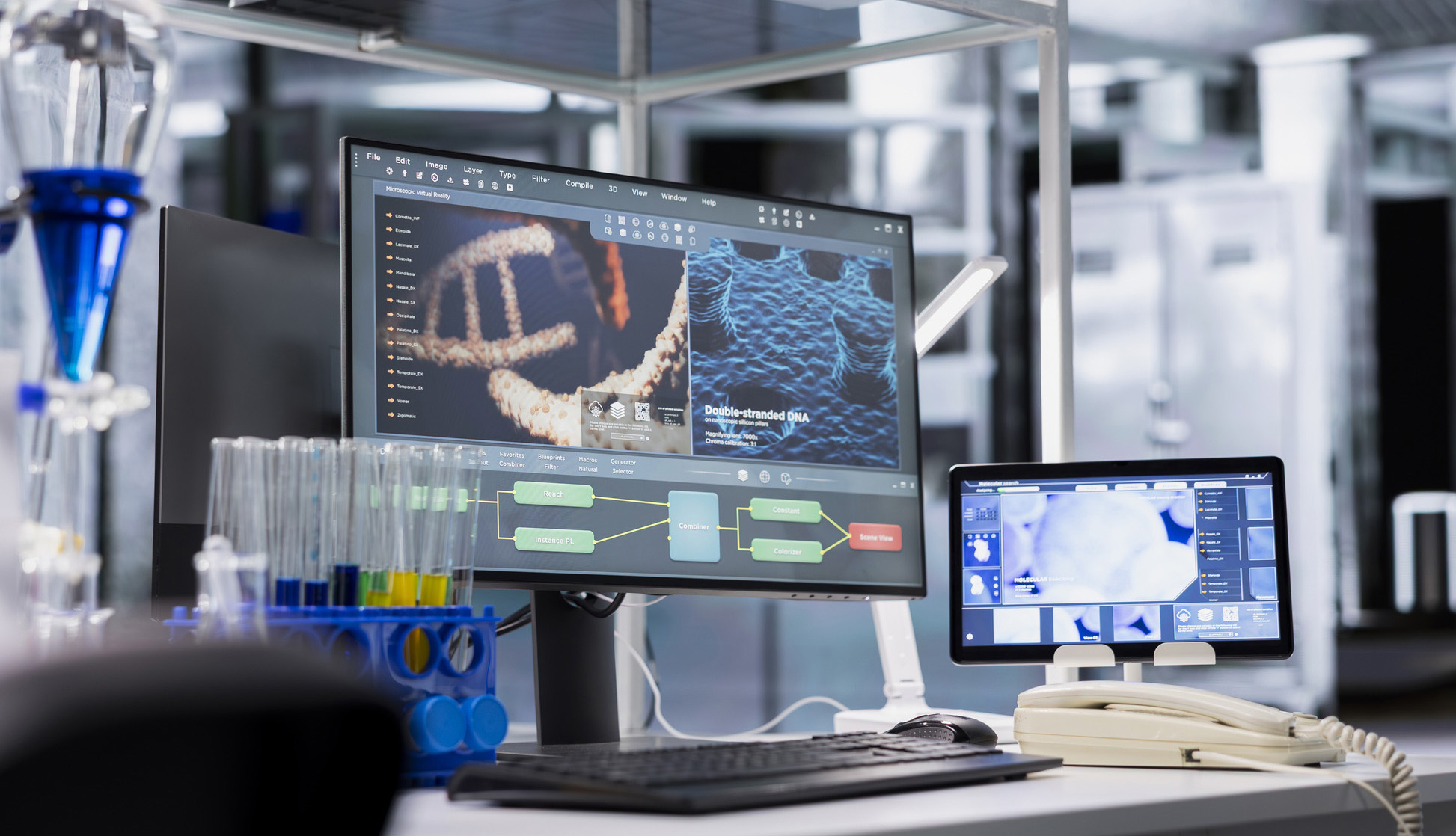Close up of computer program displaying DNA data in laboratory