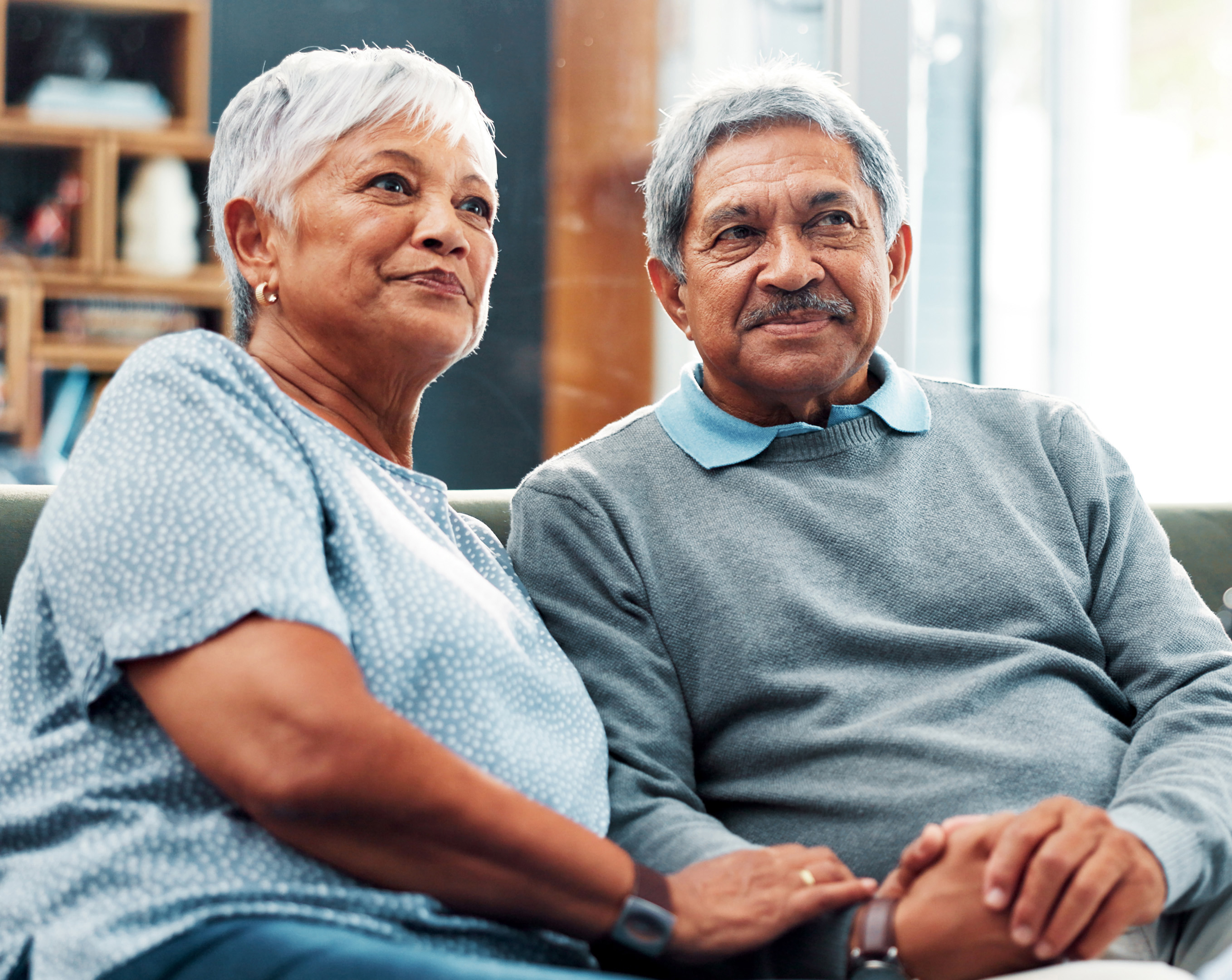 Nurse, tablet and healthcare with old couple, home and support with medical professional. Discussion, insurance or life cover with mature man, woman and meeting for consultation and communication